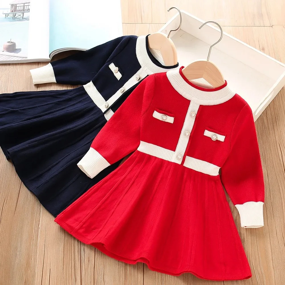 0-6Y Girls Baby Knitted Dress 2024 Autumn/Winter New Fashionable Children\'s Solid Knitted Sweater Dress