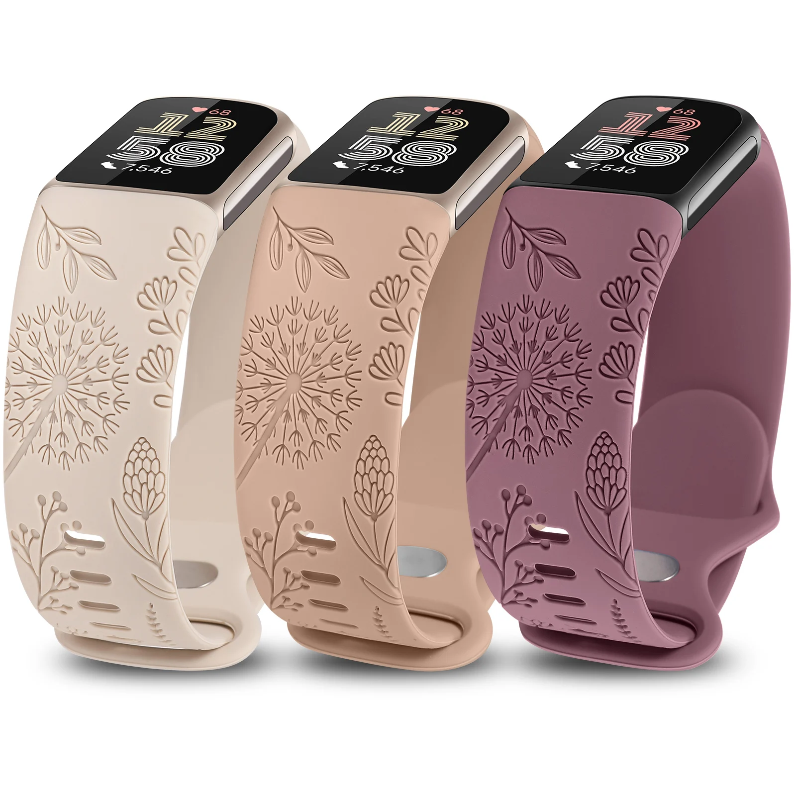 3pcs Floral Engraved Band for Fitbit Charge 6 Wristband Replacement Sport Silicone Watch Strap For Fitbit Charge 5 Bracelet