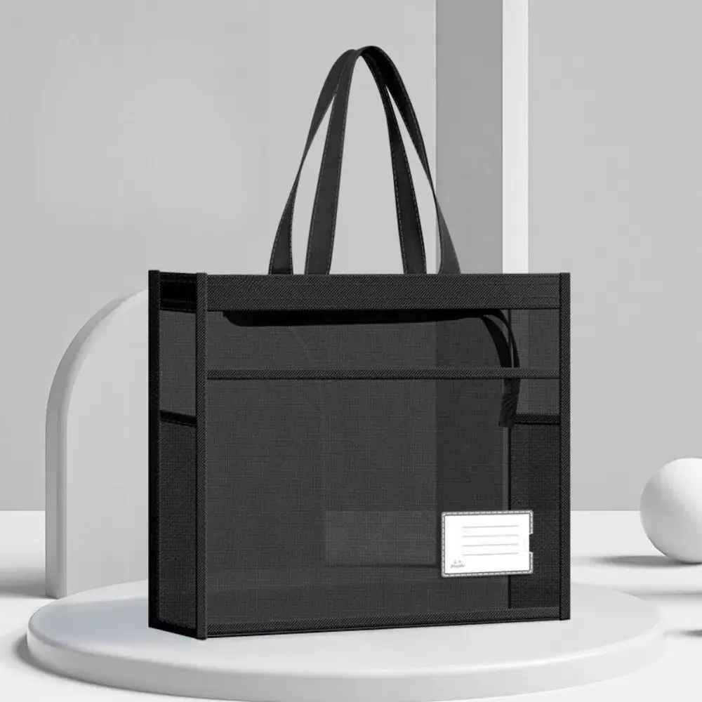 Portable A4 Transparent File Bag Mesh Large Capacity File Storage Bag Double-Layer with Handle Document Bag School Office