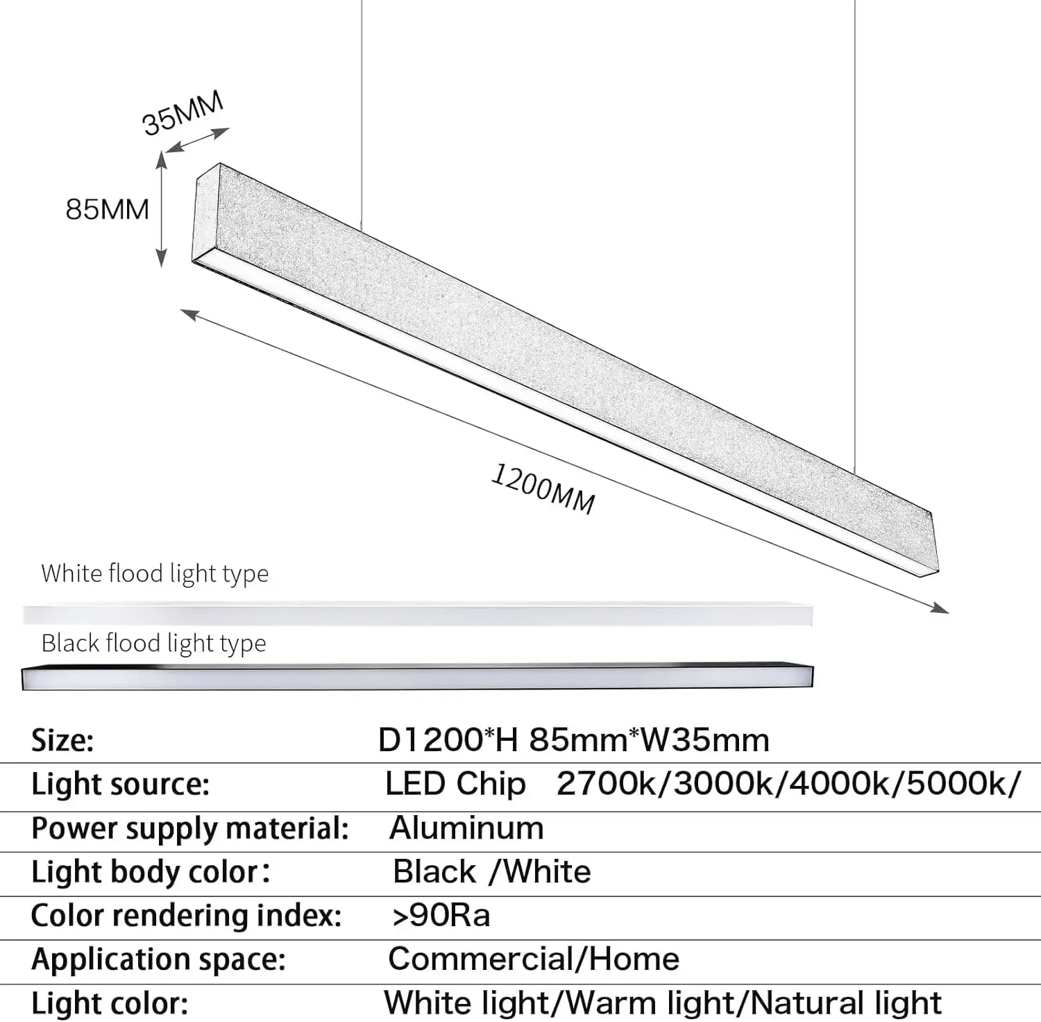 

120cm Linear Bar Light LED Pendant Lamp 36W 4000K Surface Mounted Ceiling Spotlight Long Line Strip Hanging Light Floodlight