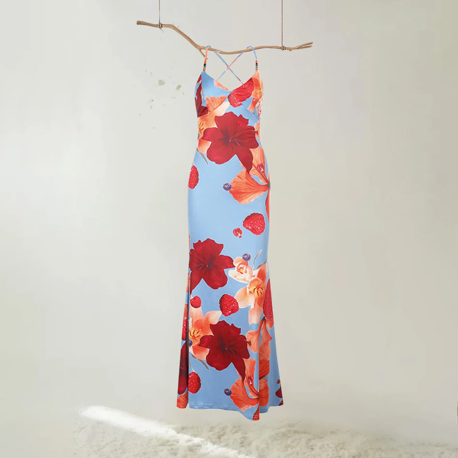 New Womens Floral Print Cami Dress Sleeveless Spaghetti Strap V-Neck Back Cross Slim Long Dress Club Street Style S M L