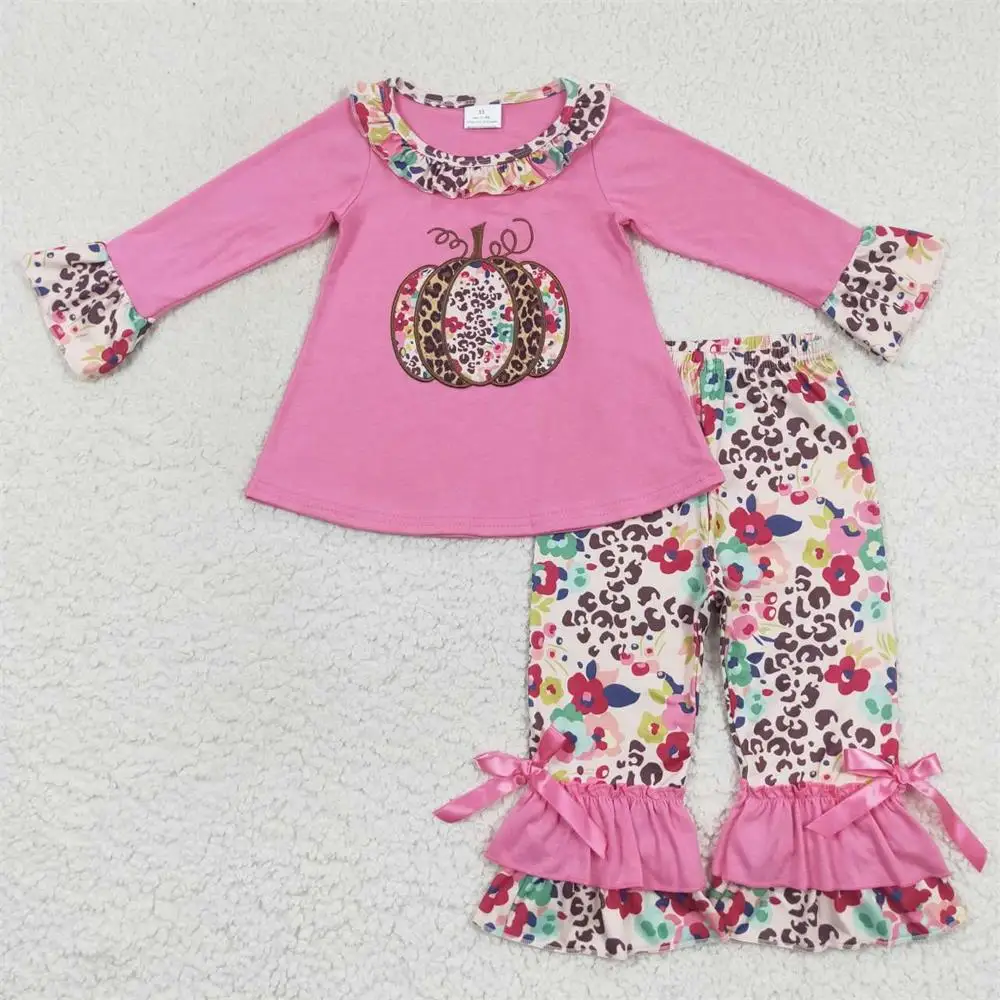 

Wholesale Kids Toddler Thanksgiving Outfit Long Sleeves Floral Pumpkin Pink Baby Girls Ruffle Flower Pants Infant Children Set