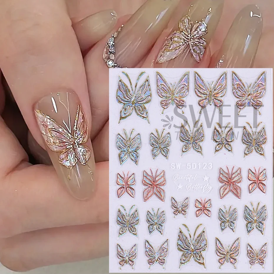 2pcs 5D นูนผีเสื้อสติกเกอร์เล็บ Luxury Glitter Aurora กลีบผีเสื้อตกแต่งเล็บสติ๊กเกอร์ DIY เล็บ Slider