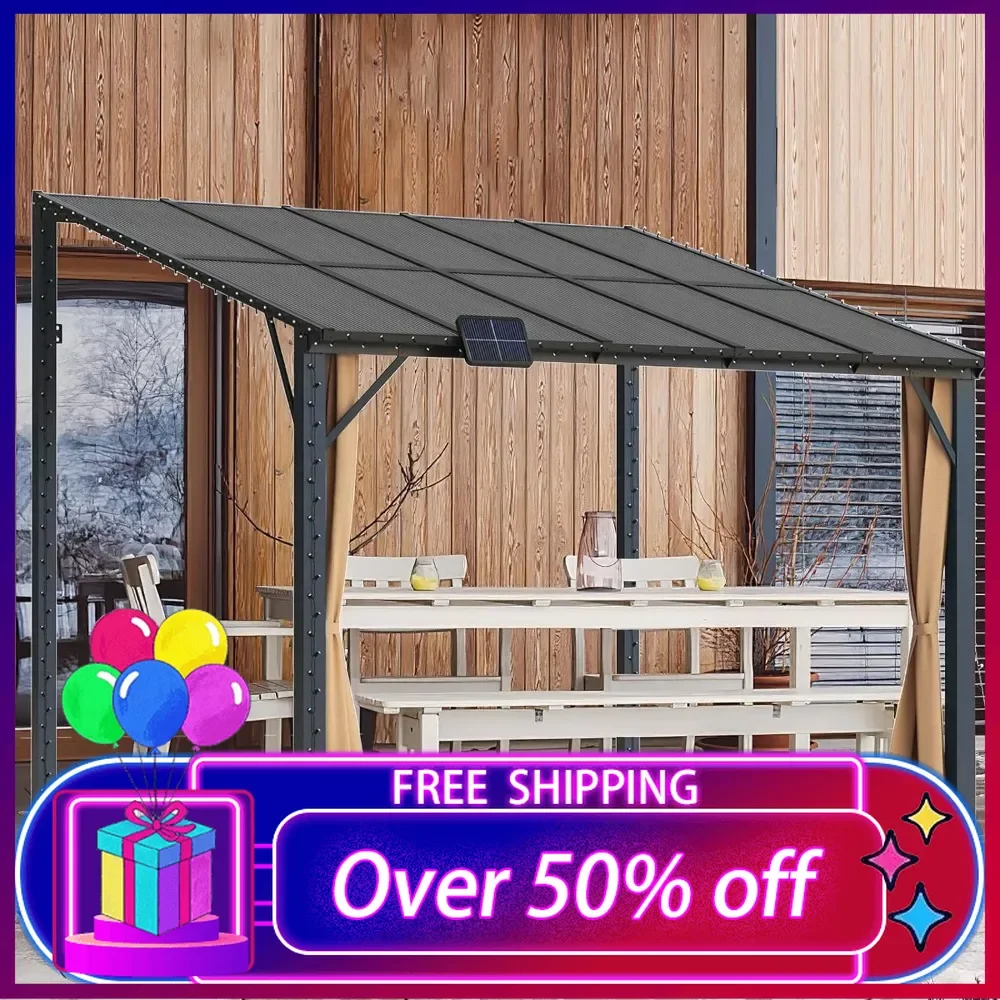 

10x10 Outdoor Lean to Gazebo, Wall-Mounted Pergola Gazebo, Hardtop Heavy Duty Pavilion with Metal Frame, Awnings for Patios