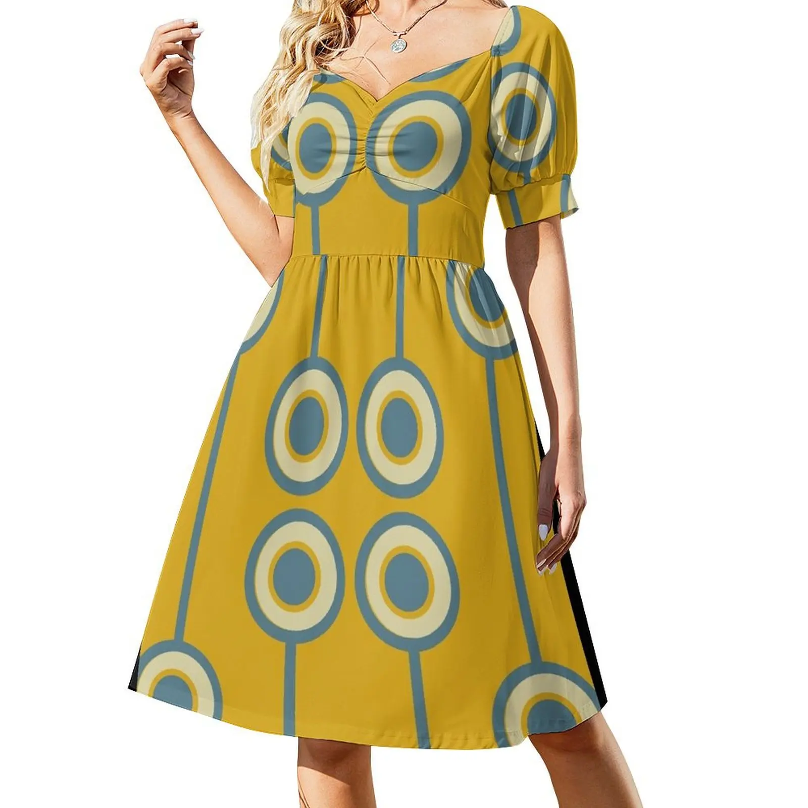 60s Vintage Retro Groovy Hippie Circle Classic Mustard Yellow Pale Teal Short Sleeved Dress Evening dresses Dress