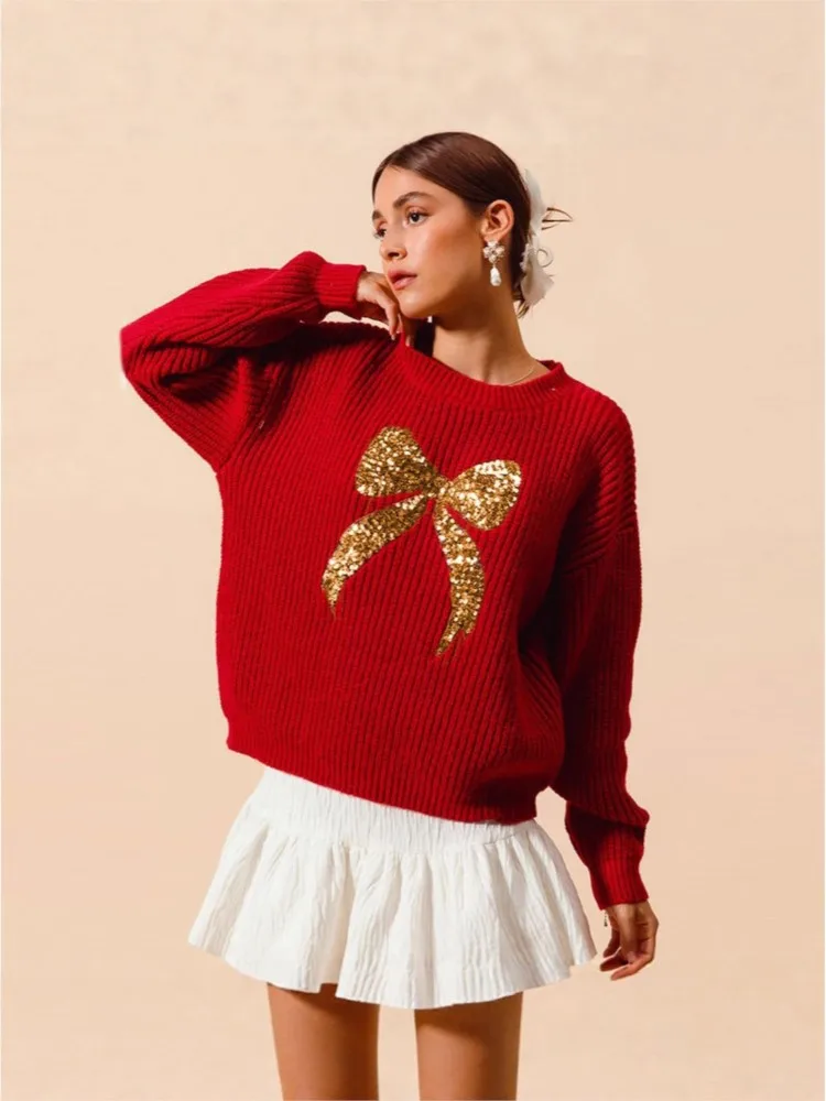 Nuevo Otoño Invierno Casual mujer lentejuelas arco suéter de punto de manga larga, Vintage Y2k Jersey Tops, trajes de fiesta y vacaciones