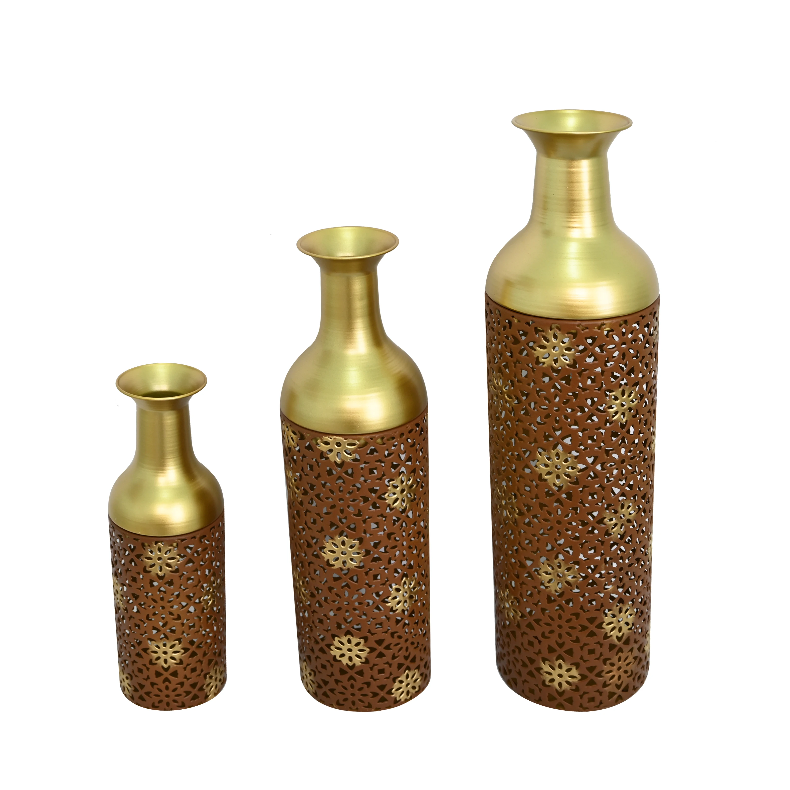 3-Tier Nesting Metal Floor Vases, Rustic Brown Leaf Tall Vases, Farmhouse Home Decor for Living Room Entryway