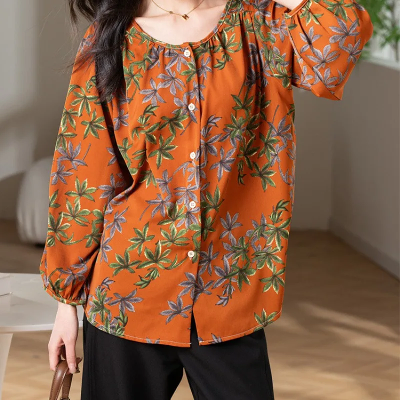 بلوزة كاجوال فضفاضة بأكمام طويلة وطبعة أوراق شجر للسيدات أثناء السفر والعطلات، قميص برتقالي، ملابس علوية #3
