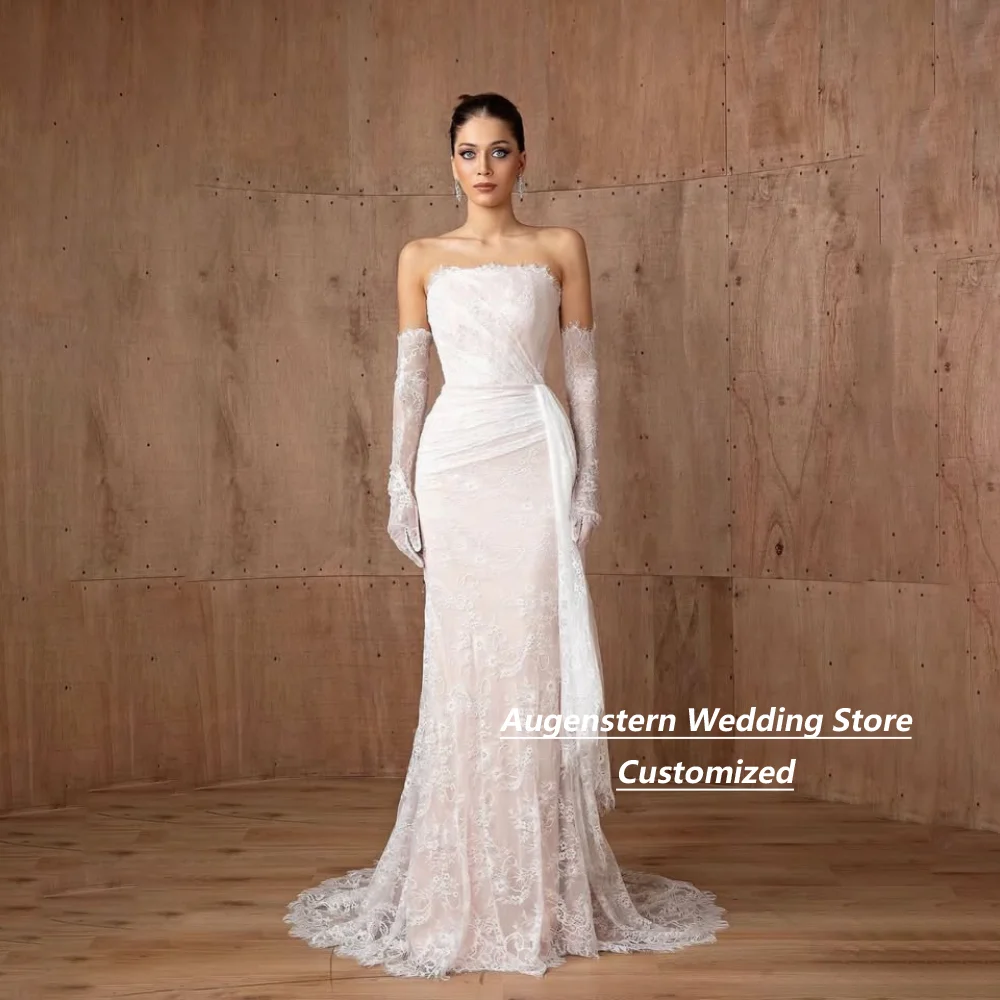 Customized Strapless Lace Mermaid Wedding Gown With Detachable Long Lace Gloves Corset Back Sweep Train For Women Wedding Party