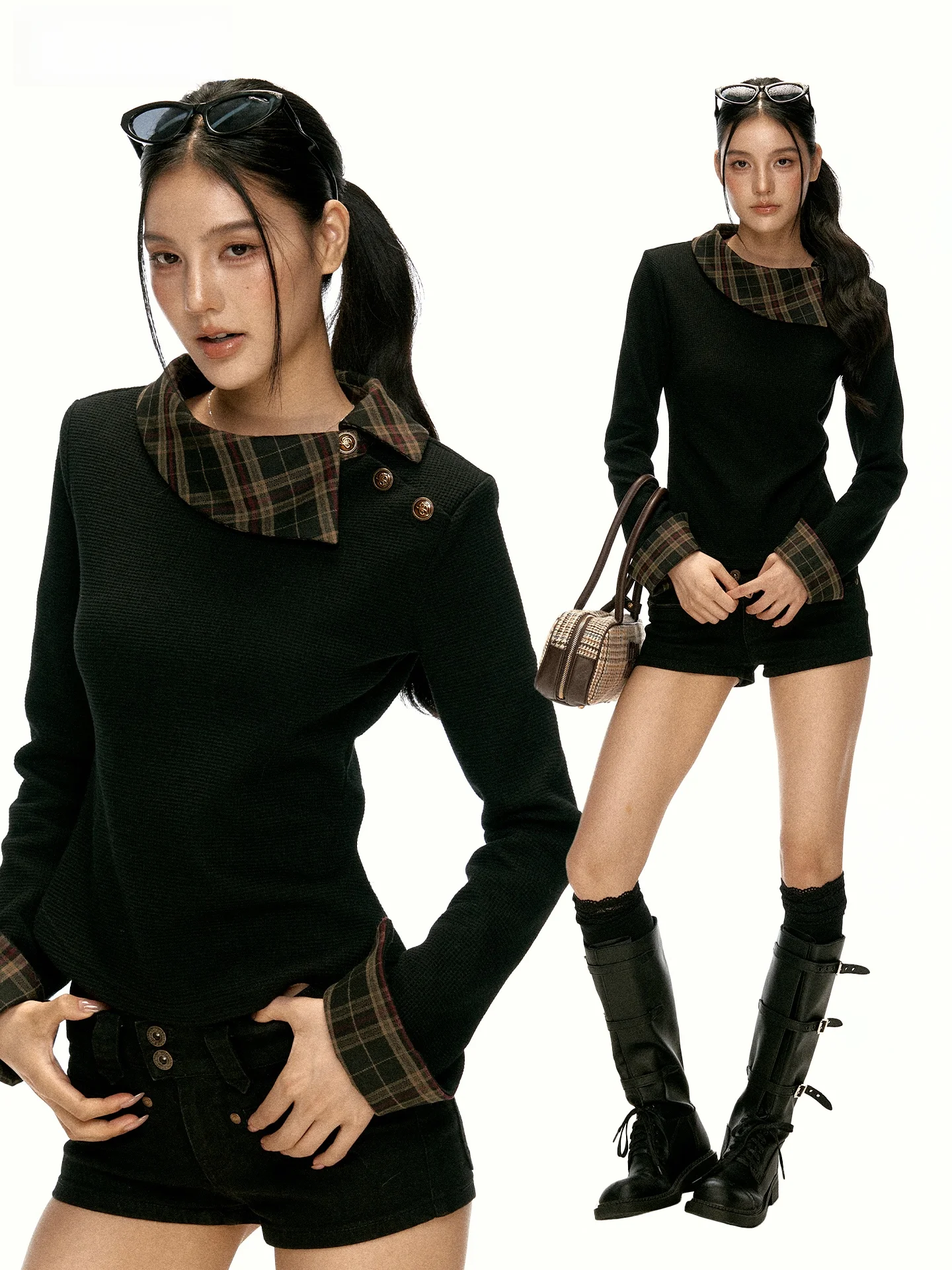 Aaisup Black Miu Style Collared Long Sleeve T-Shirt Women's Spring Autumn Plaid Patchwork Slim Fit Top Casual Style