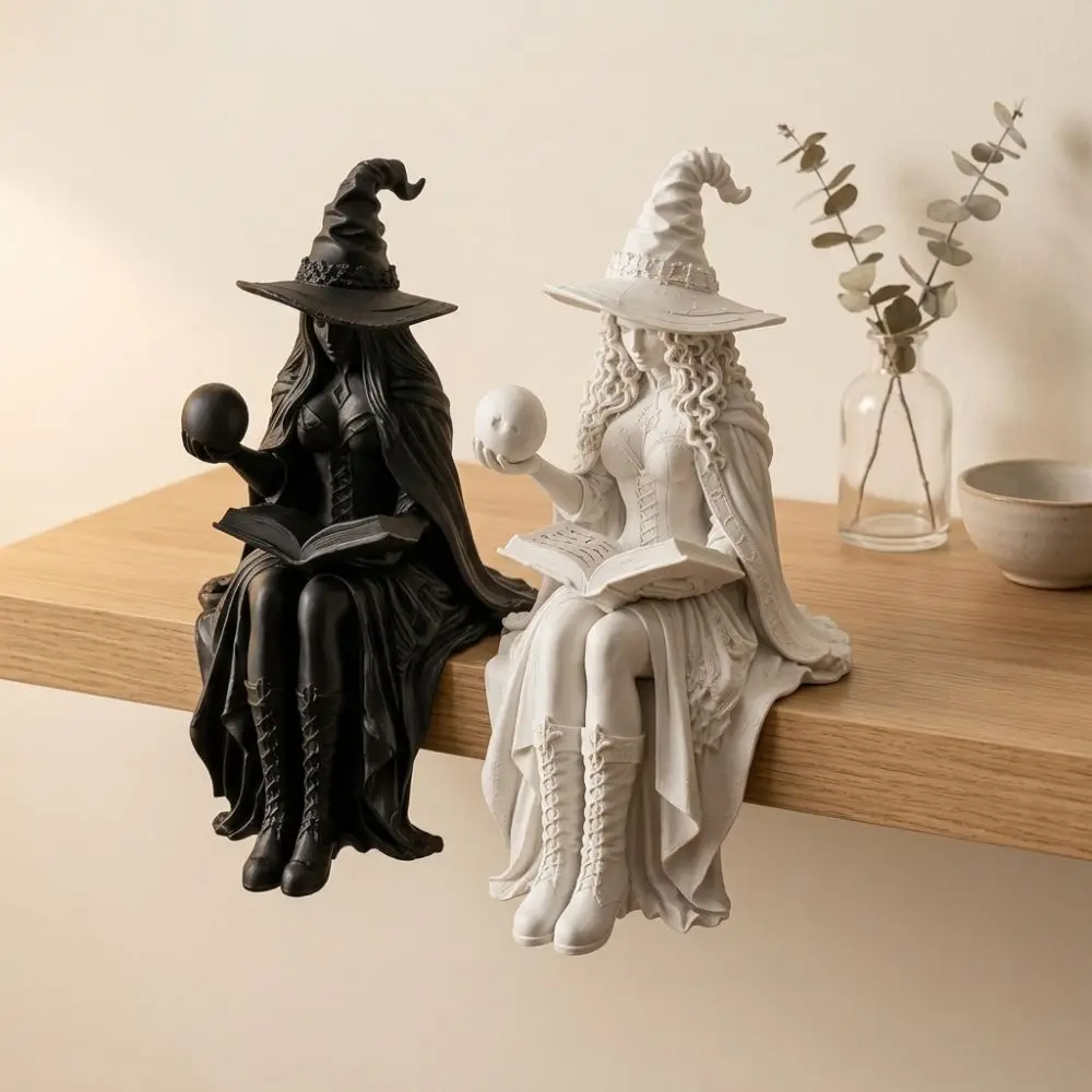 3D Printed Sitting Witch Figurine Vintage Gothic with Book Ball Halloween Witch Shelf Sitter Spooky Dark Aesthetic
