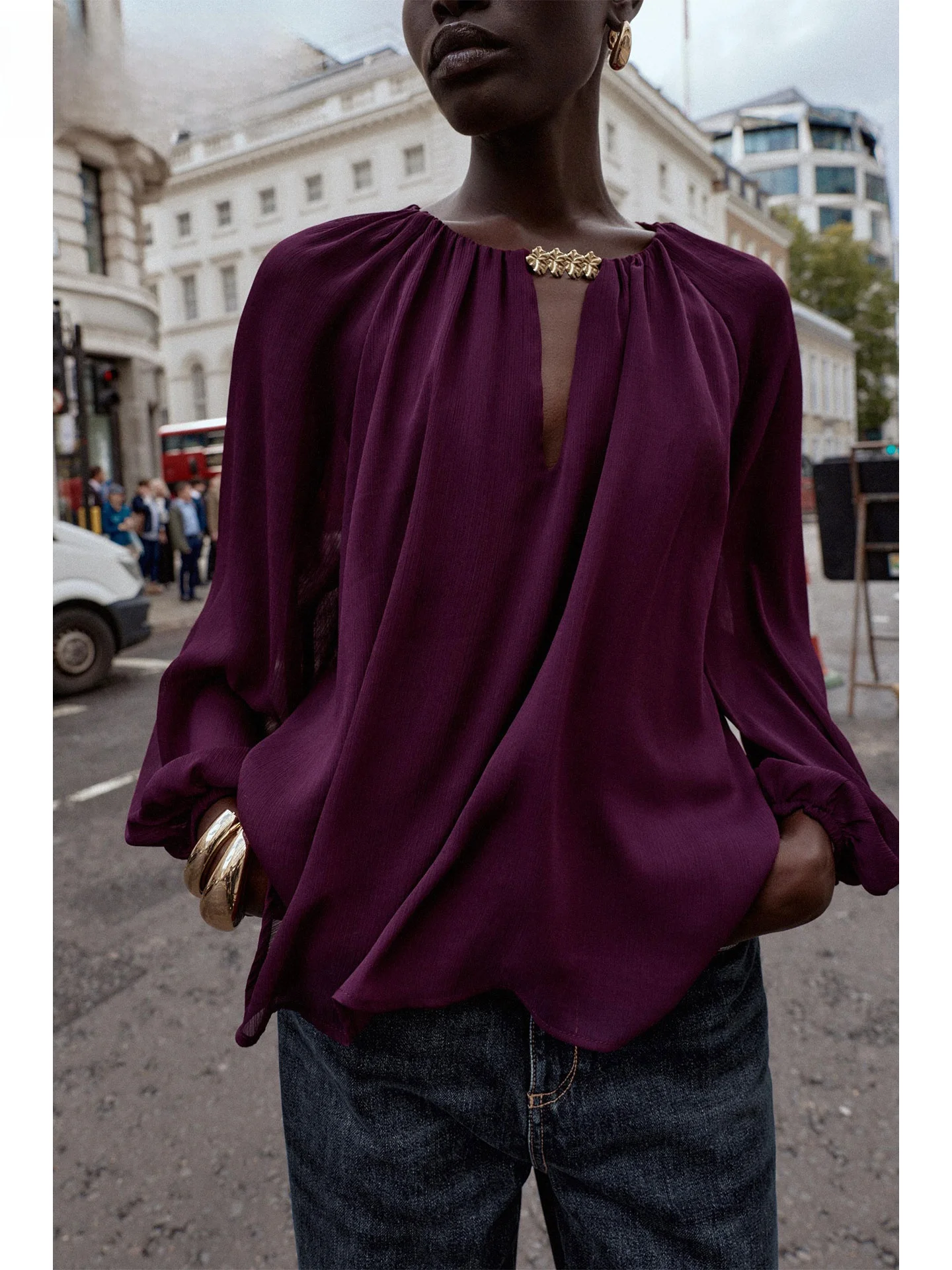 

ZAPRHA Loose Purple irt Women's Semi-Transparent Cover up Spring Autumn Faion Casual Long Sve round Ne Regular Fit