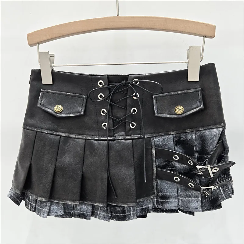 الأمريكية مثير الخريف الشتاء الصناعة الثقيلة الرجعية بولي Leather الجلود الربط تنورة الحلو فتاة باردة الحد من العمر الأزياء مطوي التنانير
