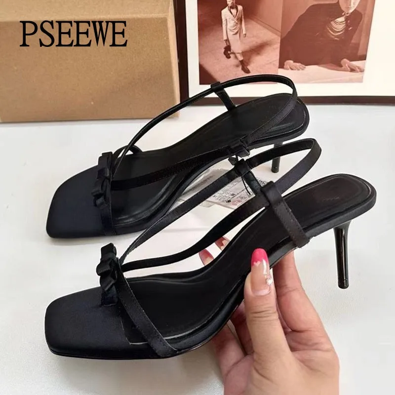 

PSEEWE 2024 Black Women Sandals Summer Fashion Bow Heed Shoes Woman Sexy Clip Feet heeled Sandals Chic Square Head Open Toe Shoe