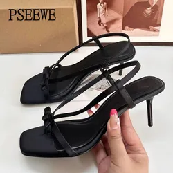 PSEEWE 2024 sandali da donna neri Summer Fashion Bow Heed Shoes donna Sexy Clip Feet sandali con tacco Chic Square Head Open Toe Shoe