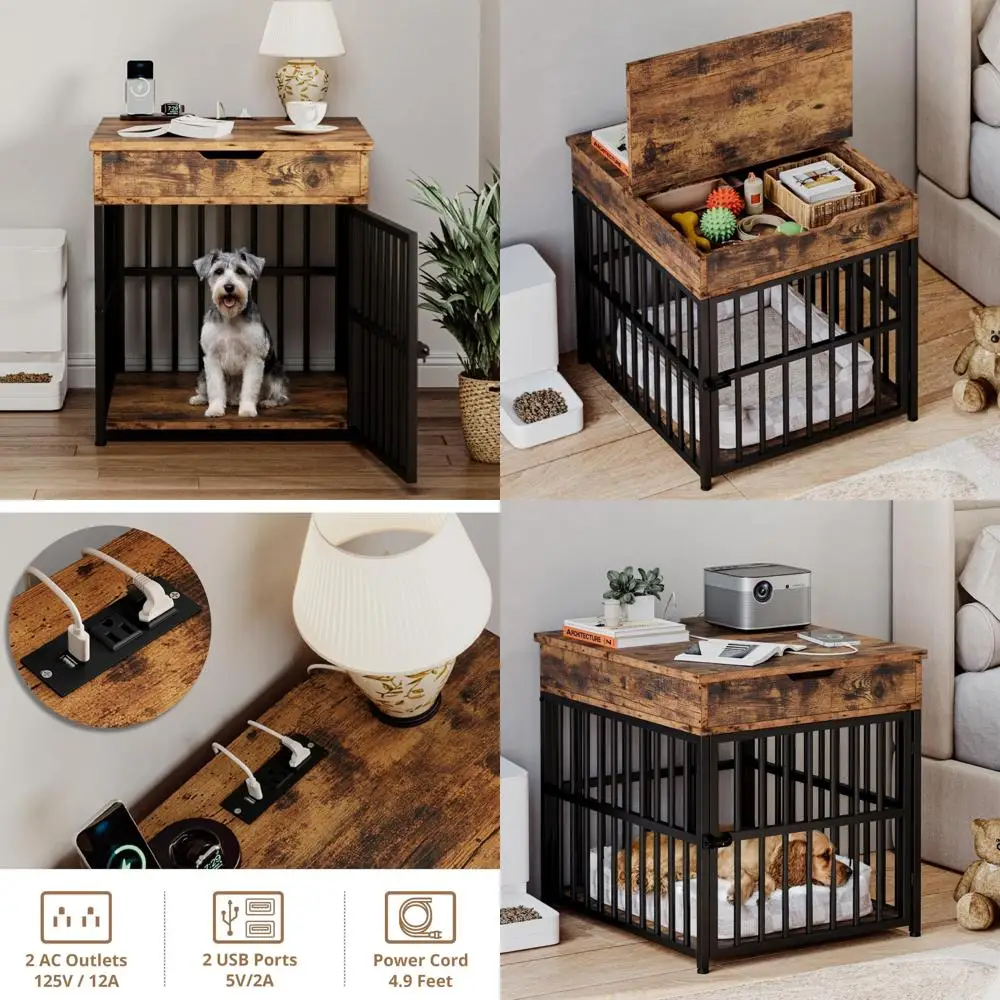 IRONCK Dog Crate Furniture for Small Dogs, Wooden Dog Kennel with Flip Top Drawer, Indoor Pet Crate End Table with Charging Stat