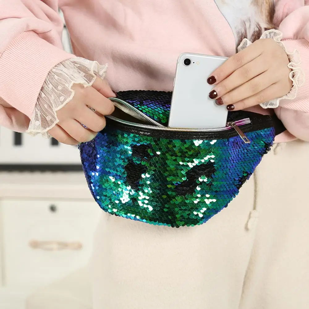 Fashion Mermaid Sequins Women\\\'s Casual Single Shoulder Waist Bag Convenient To Use Durable Smooth Zipper Comfortable Bum Pouch