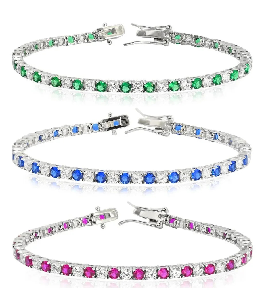 17cm Pink Green Blue Round Cubic Zirconia Tennis Bracelet for Women Silver Color Fashion Jewelry Gift Wedding Dailywear Party