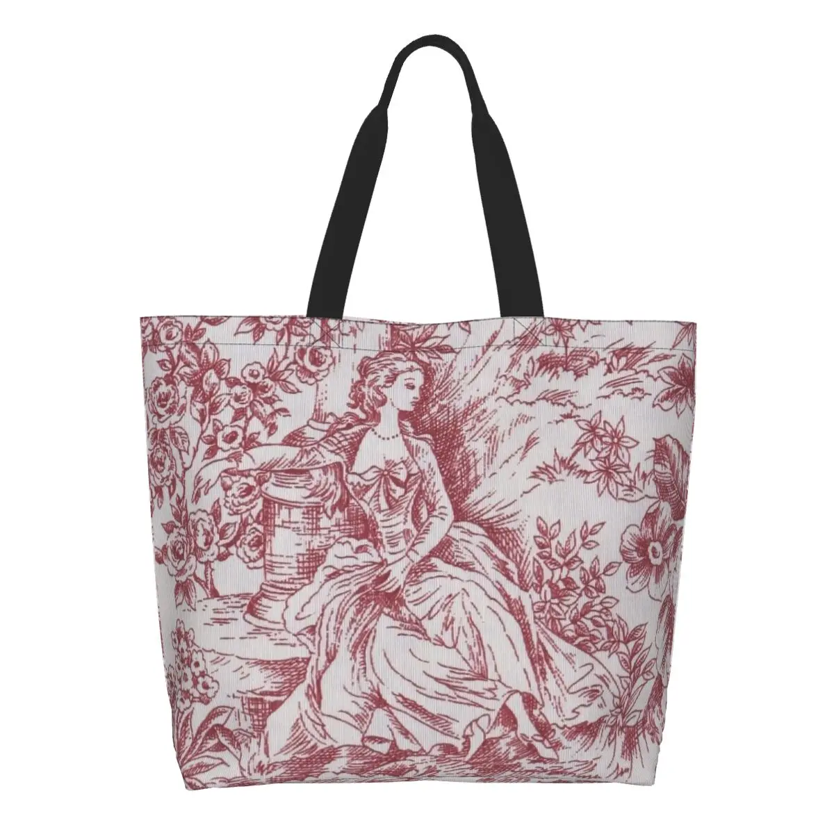 

Custom Cute Classic Red French Toile De Jouy Motif Pattern Shopping Tote Bag Reusable Grocery Canvas Shopper Shoulder Bag