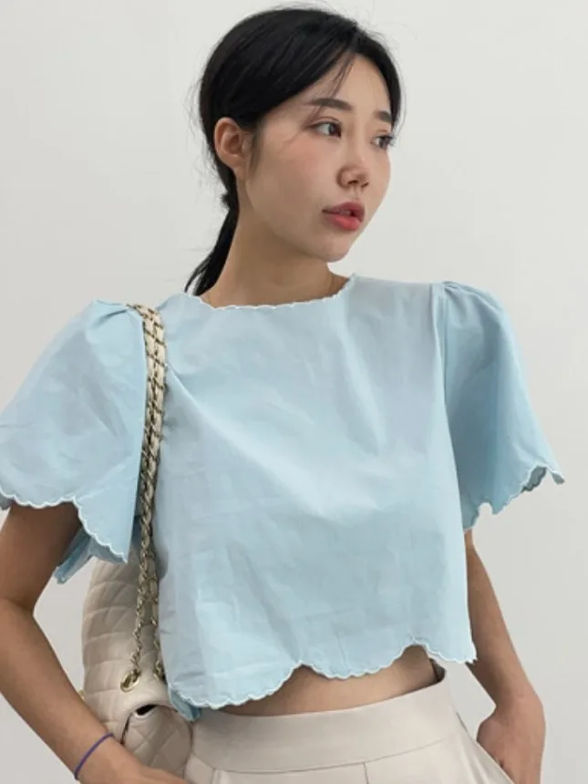 

Sweet Youthful Embroidered Ruffle Hem irt Women Summer New Sle Vaion Loose Fit Casual ort Sve Top