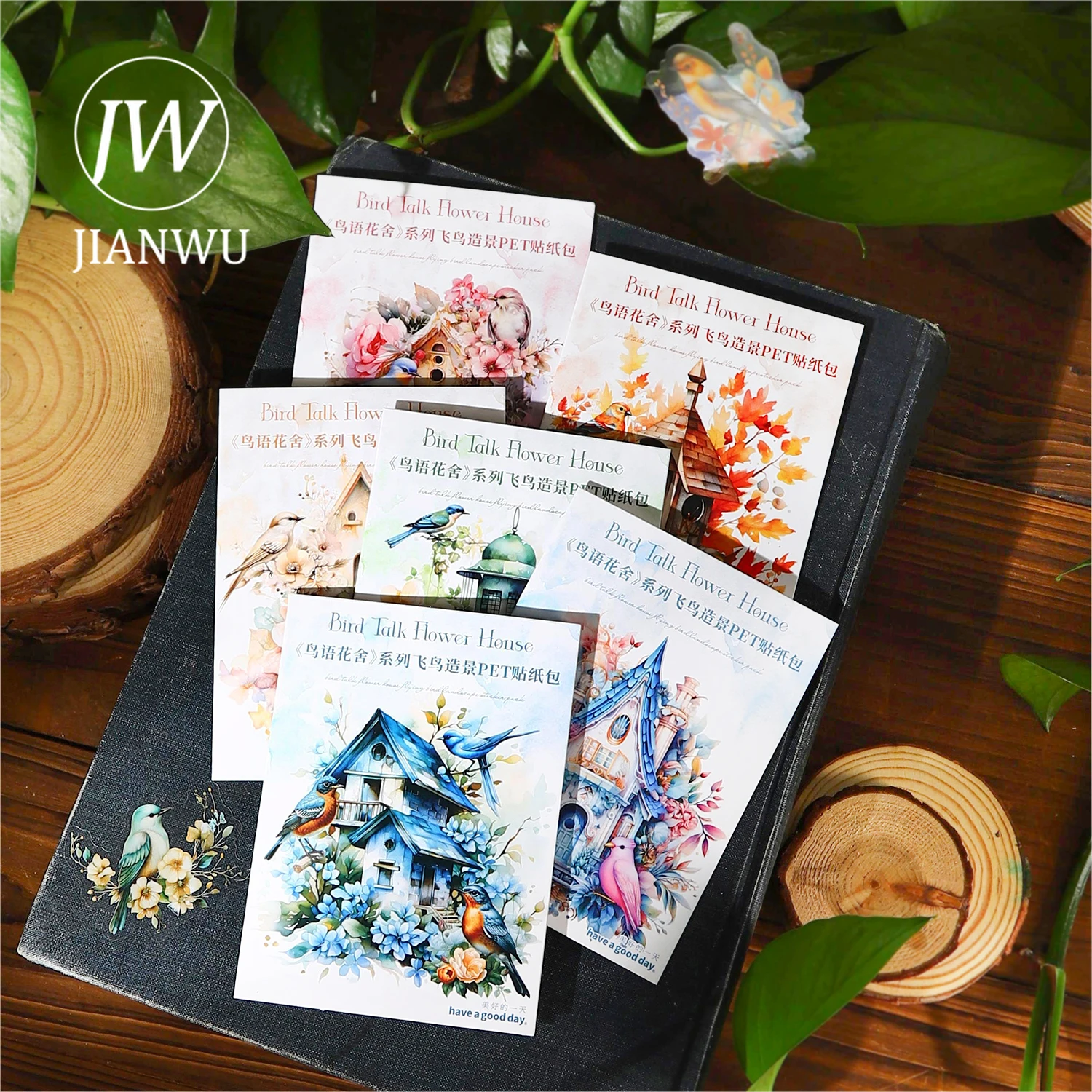 JIANWU 30 Sheets Birds Talk Flower House Series Vintage Birdcage Collage Material PET Sticker Creative DIY Journal Stationery