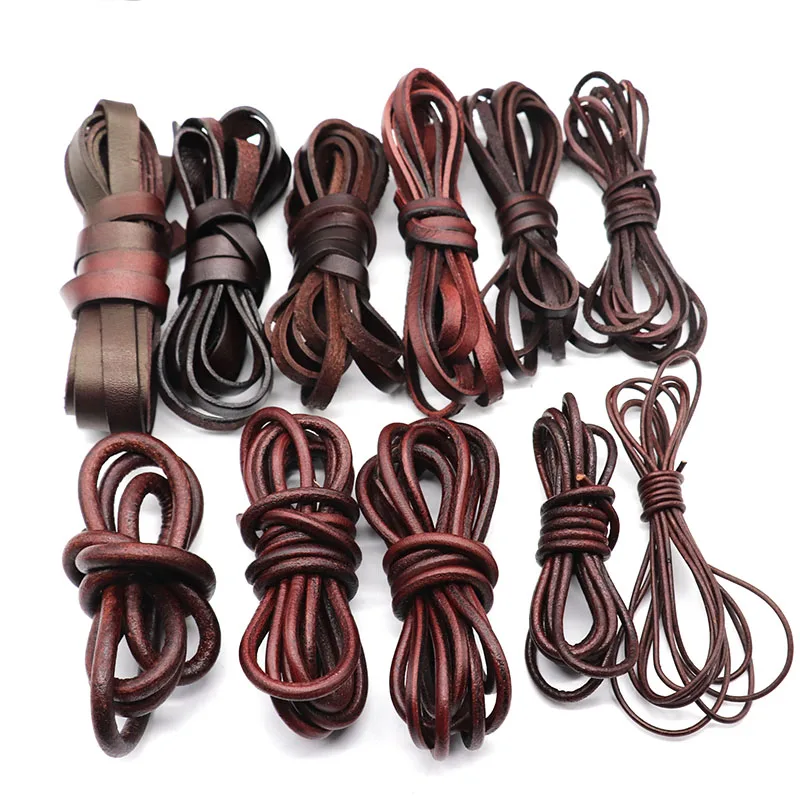 1/2m/lot Width 2/3/4/5mm Vintage Genuine Leather Cords Round Flat Leather Cord for DIY Leather Bracelet Jewelry Making Findings