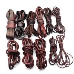 Cordones de cuero genuino Vintage, cordón de cuero plano redondo para pulsera de cuero DIY, hallazgos para hacer joyas, 1 m, 2mm, 3mm, 4mm, 5mm de ancho