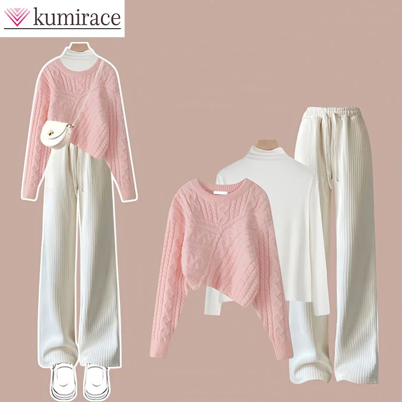 Set Women's 2023 Autumn/Winter New Korean Knitted Sweater Women's Underwear Casual Pants Three Piece Winter Women's Setwomen Pan