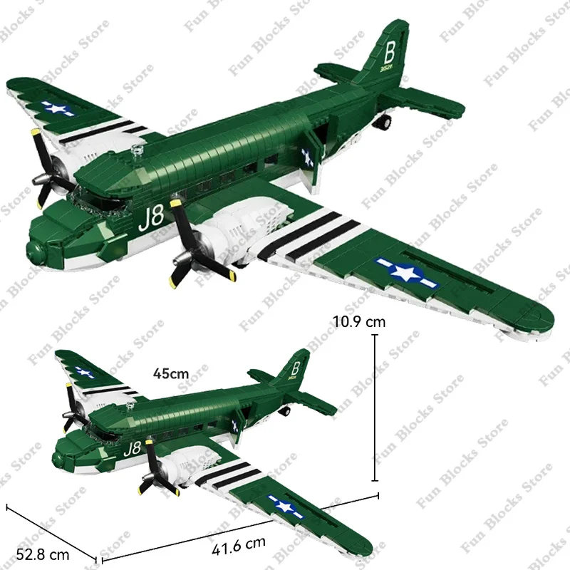 WW2 Military Classic Model US C-47 Transport Aircraft Collection Fighter Model Building Blocks Plane Bricks WWII Kids Toys Gifts