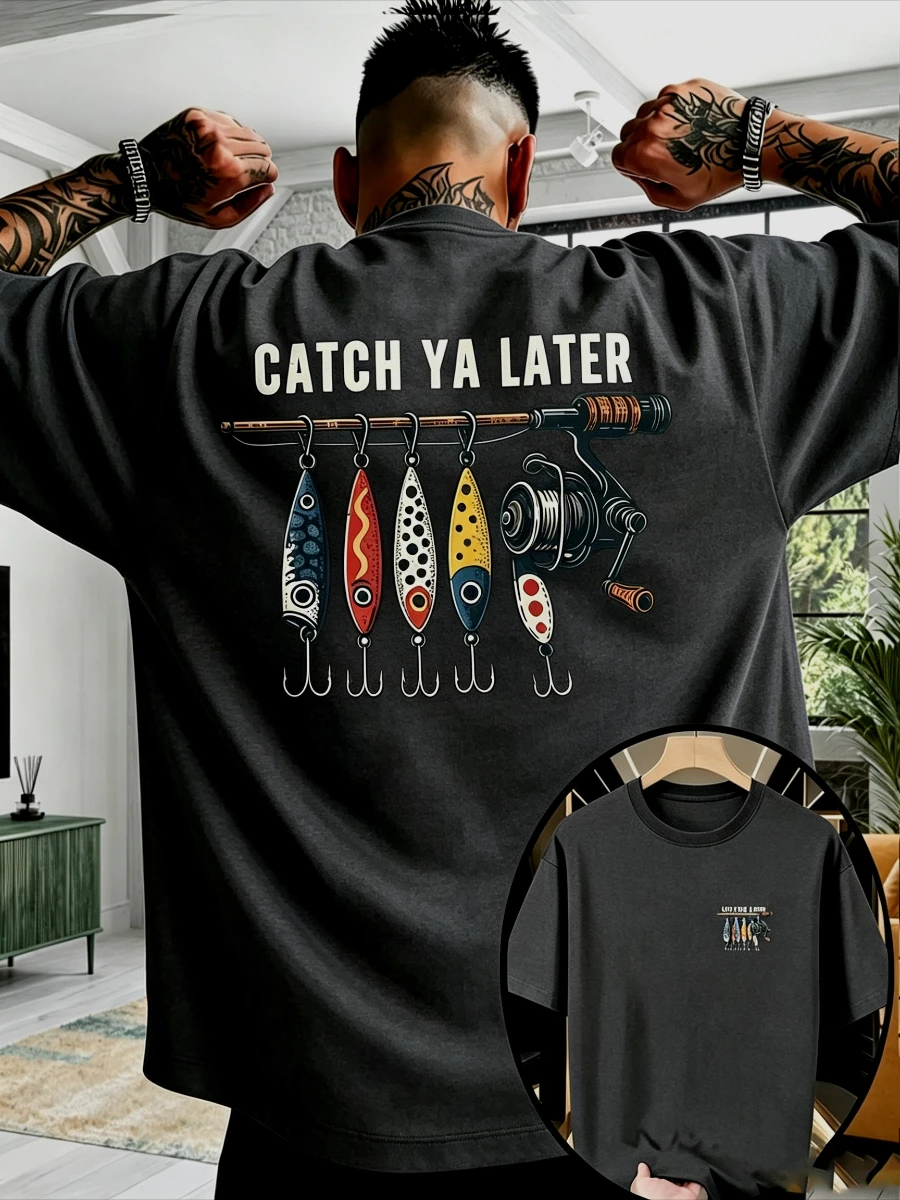 Streetwear CATCH YA LATER Angeln Wortspiel Buchstaben-Design Grafik T-Shirt für Männer und Frauen Übergroßes Casual T-Shirt Geschenk für Angelbegeisterte – Detail 4
