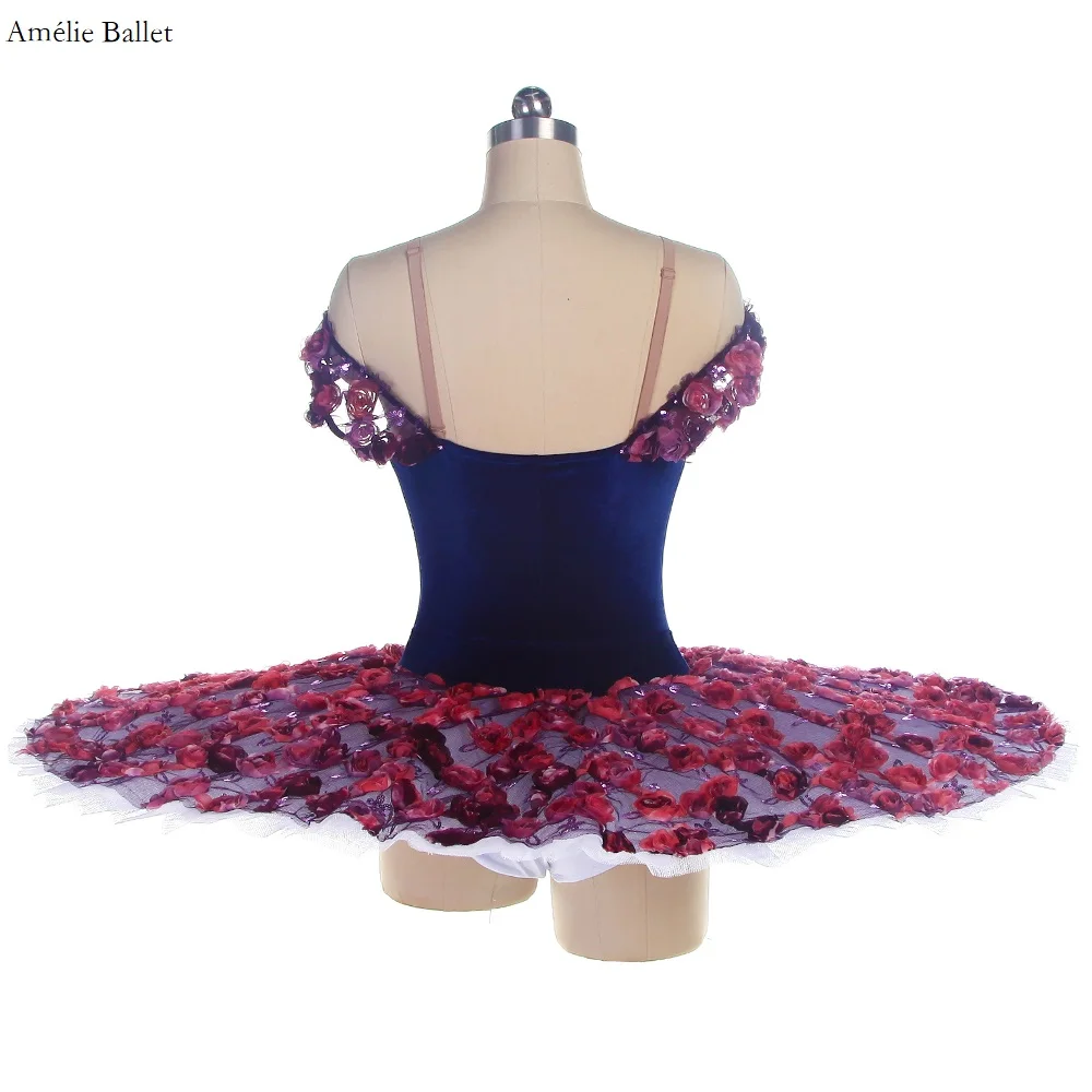 BLL448 Off The Shoulder Ballet Tutu Skirt Deep Blue Stretch Velvet Camisole Leotard Bodice Pre-profesional Ballet PancakeTutu