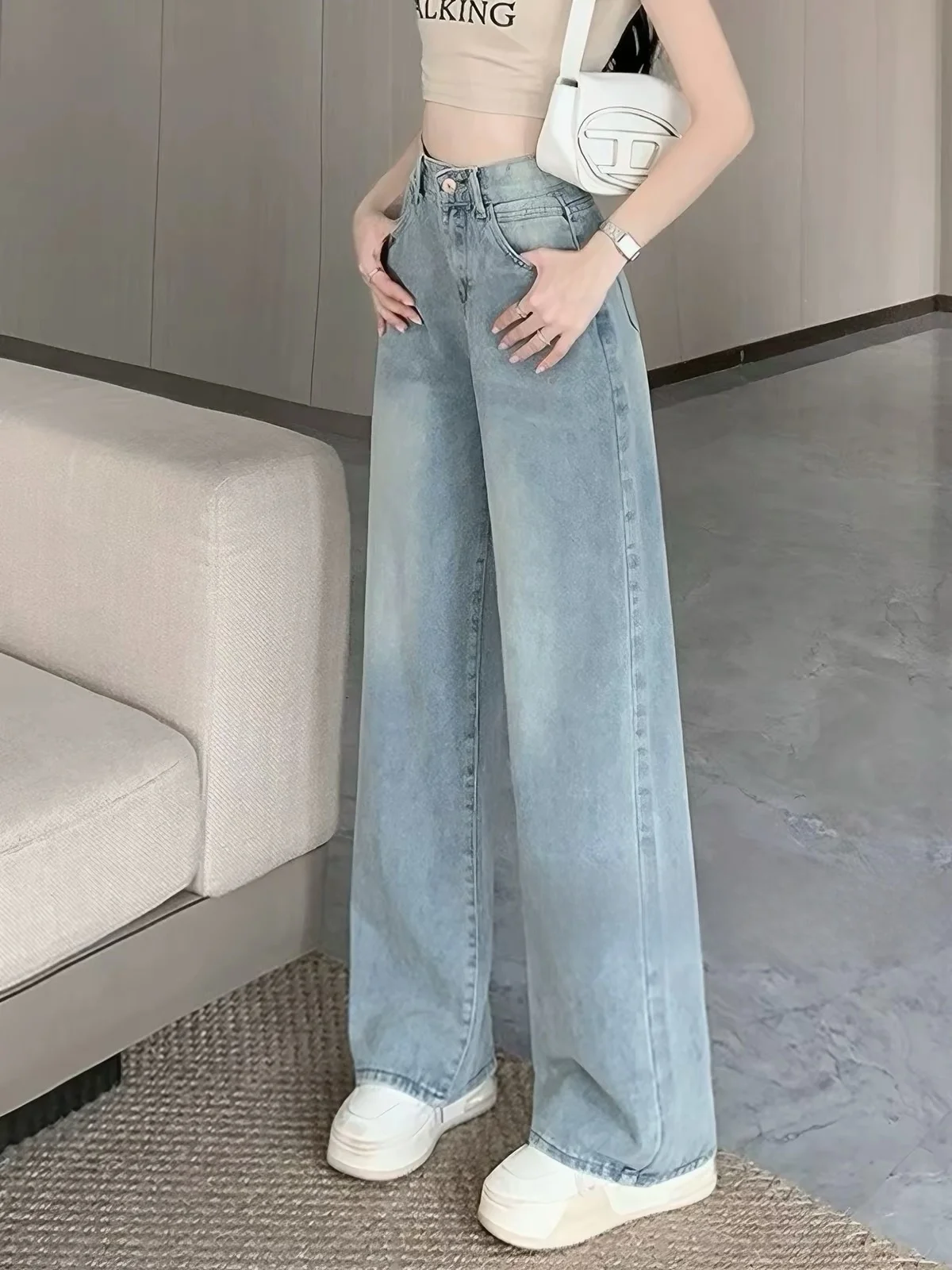 Blue Wide Leg Casual Pants 150cm Small Size Autumn Winter New Lazy Middle And High School Students Long Trousers Casual Style