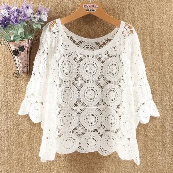 Women 2024 New Spring Summer New Hook Flower Hollow Loose Pullovers Female Shawl Knitted Tops Ladies Short Jumper Sweater Tops