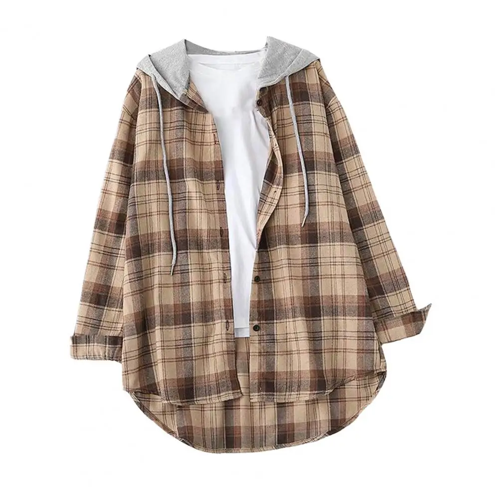 Women Hoodie Coat Plaid Print  Loose Hooded Long Sleeves Drawstring Cardigan Single-breasted Buttons Spring Jacket for Daily