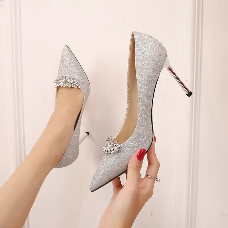 

Handmade Women Shoes 2025 Spring Summer Silver High Heels Stiletto Pointed Toe Full Crystal Rhinestones Wedding Bridesmaid Shoes