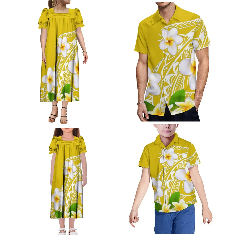 Polynesian Family Party Dress Custom Tribal Pattern Mumu Square Collar Dress Microsia Summer Short Sleeve 4-Piece Set