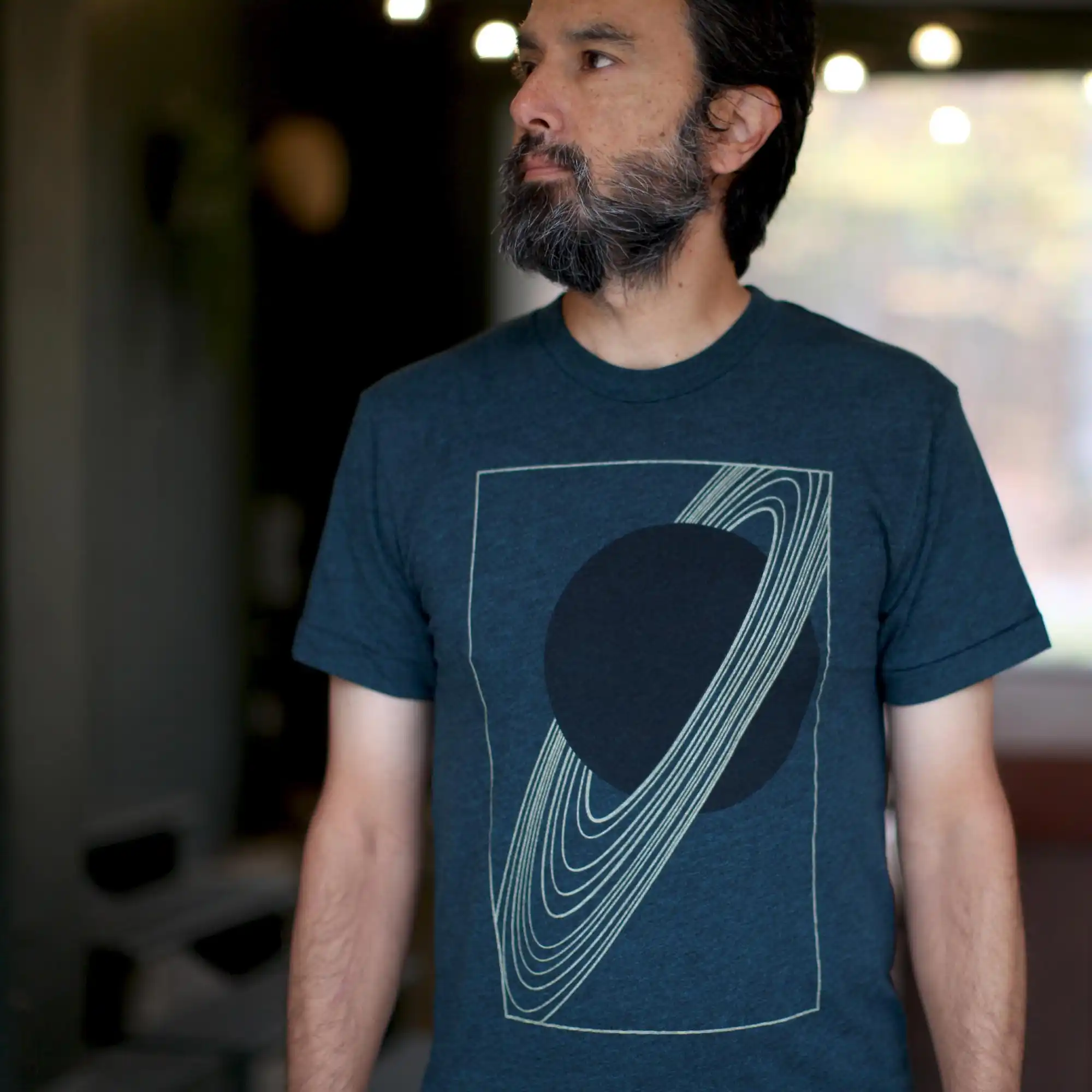 Gold Rings of SATURN Men's T-shirt Black Aqua, Hand-printed Made in USA Clothing
