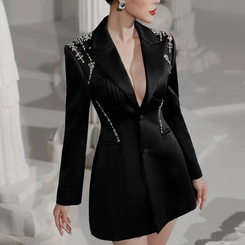 2023 Autumn and Winter Deep V-neck Slim Black Blazer Suit Dress Mid-Waist Diamond A- Line Blazer Coat