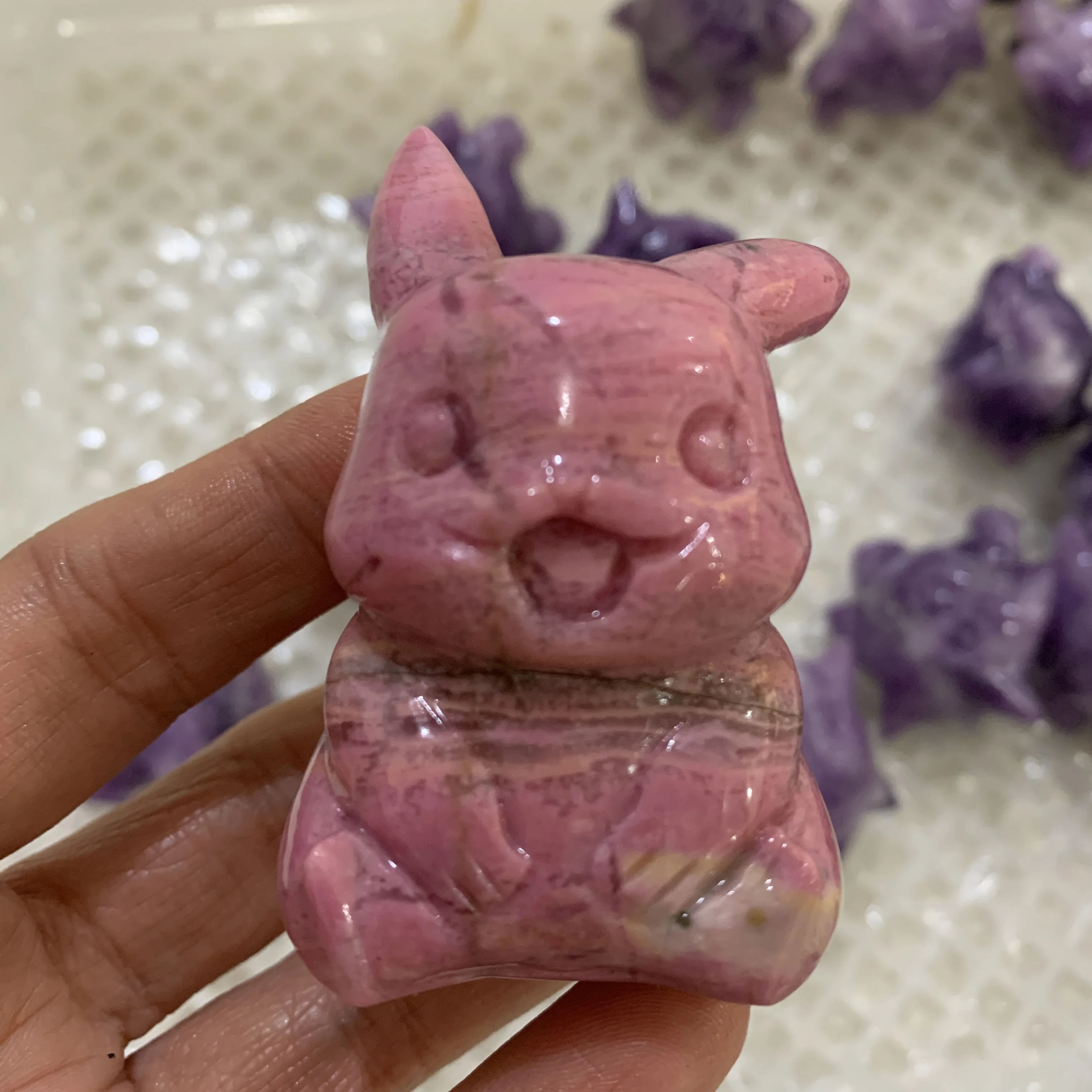 High quality Natural Rhodonite Carved cartoon Figurine quartz crystal Stone Pocket Monster characters