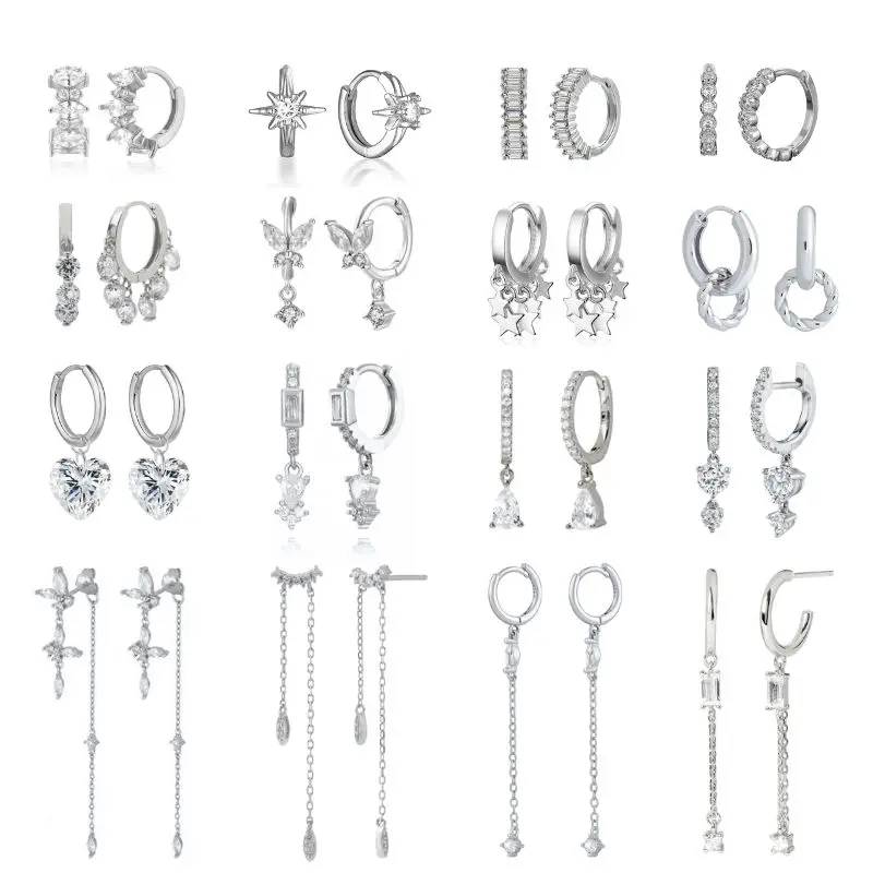 925 Sterling Silver Ear Needle White Zircon Silver Series Earrings ins Tassel Pendant Hoop Earrings For Women Advanced Jewelry