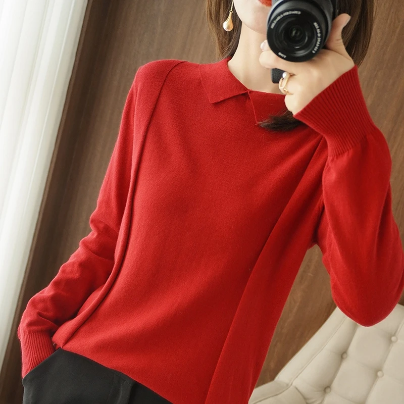 Women's Pullover Spring/Autumn New Style 100% Cotton Sweater Casual Solid Knitwear Ladies' Tops Loose Doll Collar Basic Blouse