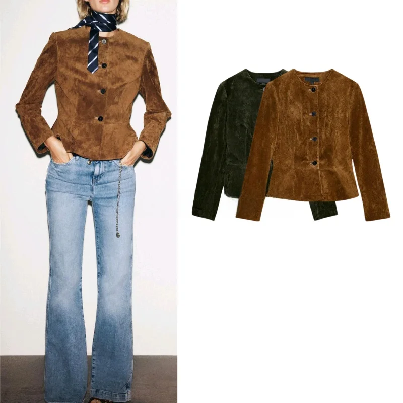 Jesienno-zimowy nowy damski płaszcz w stylu amerykańskim, okrągły dekolt, skóra PU, długi rękaw, krój A, obszycie z poliestru, styl vintage.