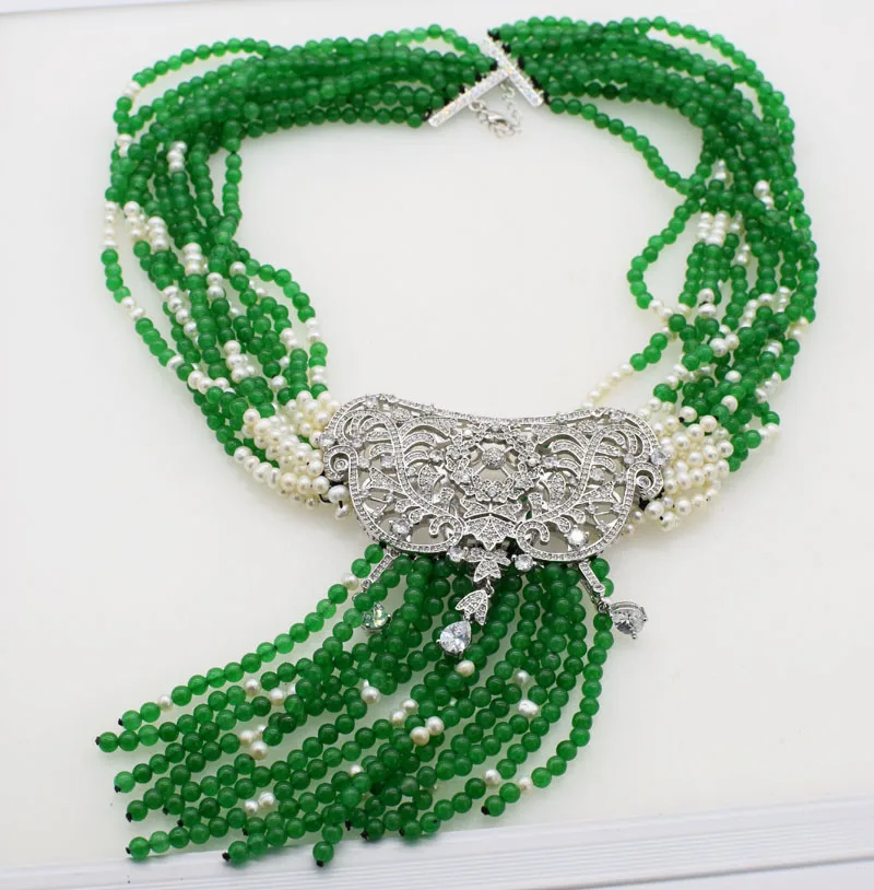 

8rows freshwater pearl near round 3-5mm +green jade &zircon pendant necklace 19inch wholesale beads nature