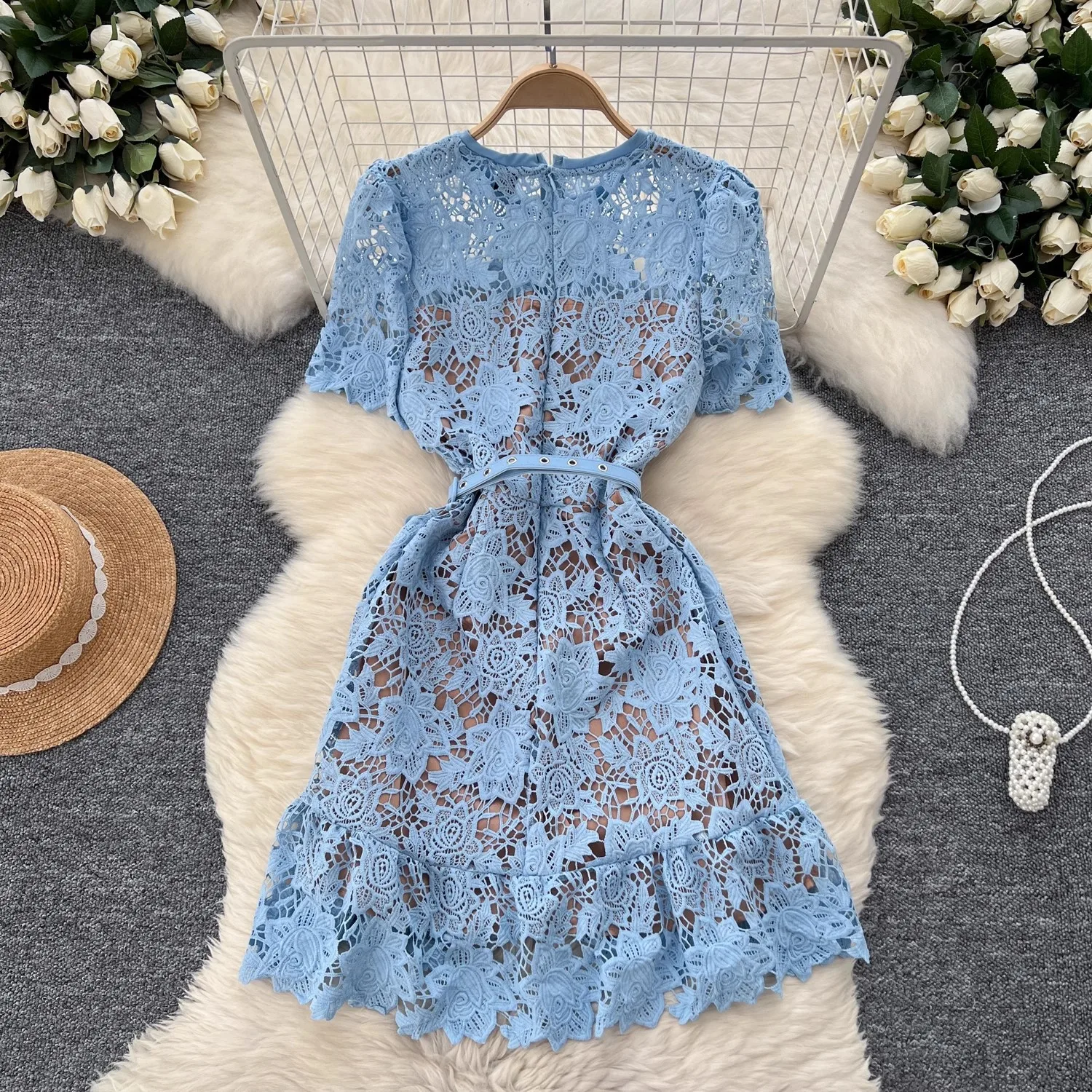 Summer Elegant Crochet Flower Lace Mini Dress Women's Short Sleeve Hollow Out Embroidery Buttons Pockets Belt Runway Vestidos