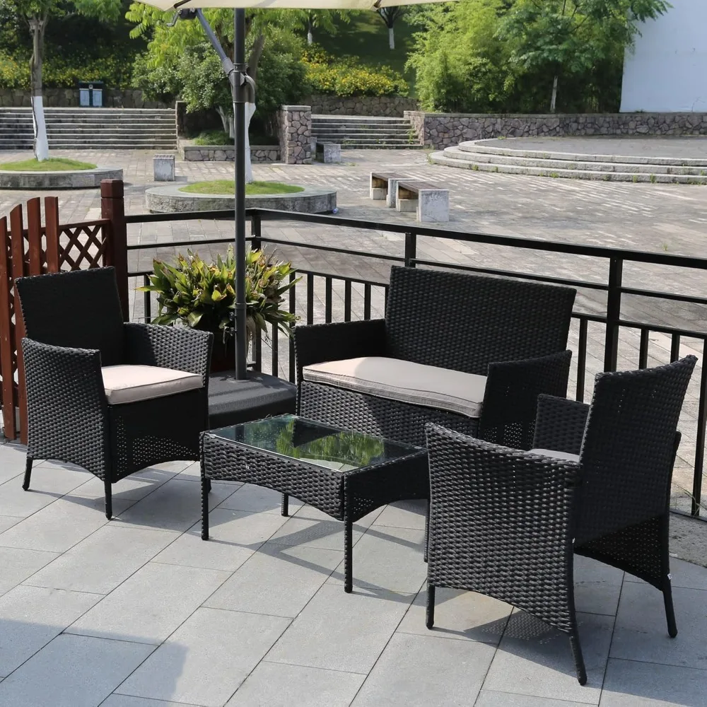 4-Piece Outdoor Wicker Patio Conversation Furniture Set for Backyard W/Coffee Table, Seat Cushions, Patio Furniture Set