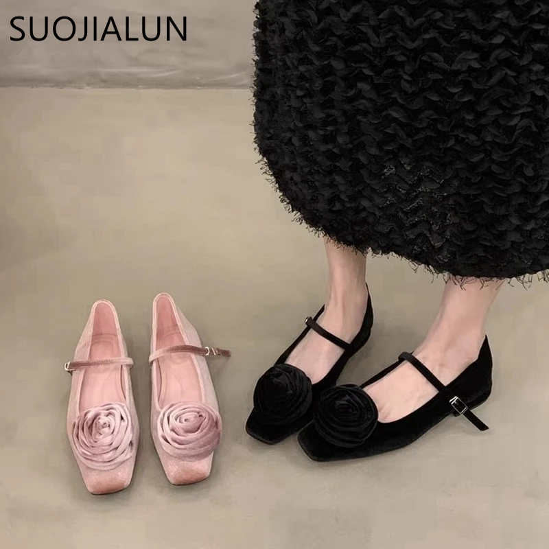 SUOJIALUN Spring Brand Women Flat Shoes Fashion Big Flower Ladies Elegnat Ballerinas Shoes Soft Flat Heel Dress Mary Jane Shoes