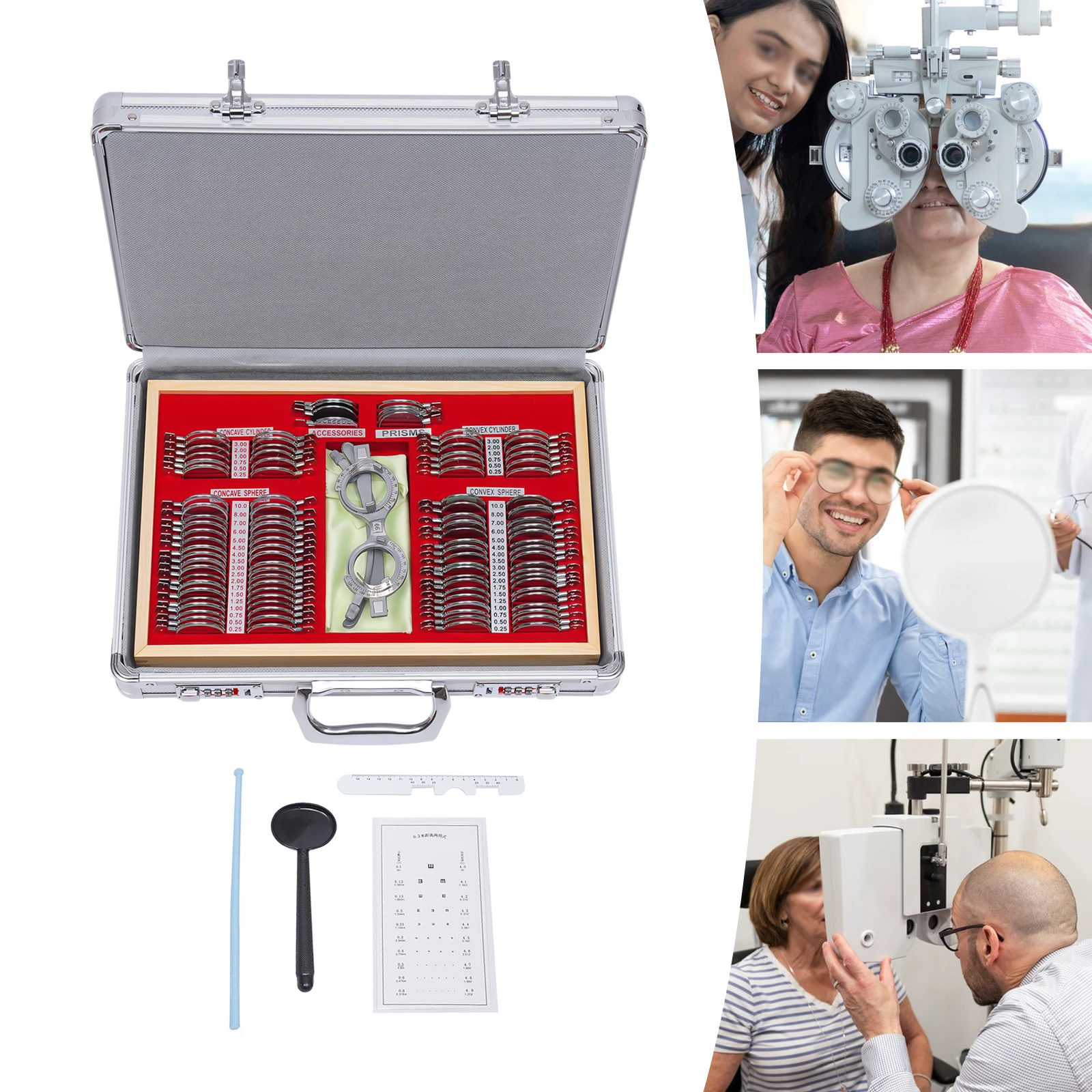 104pcs Trial Lens Set Optical Test Lens Set Optometry Equipment Aluminium Box Optometry Kit with Frame Metal Rim Optometry