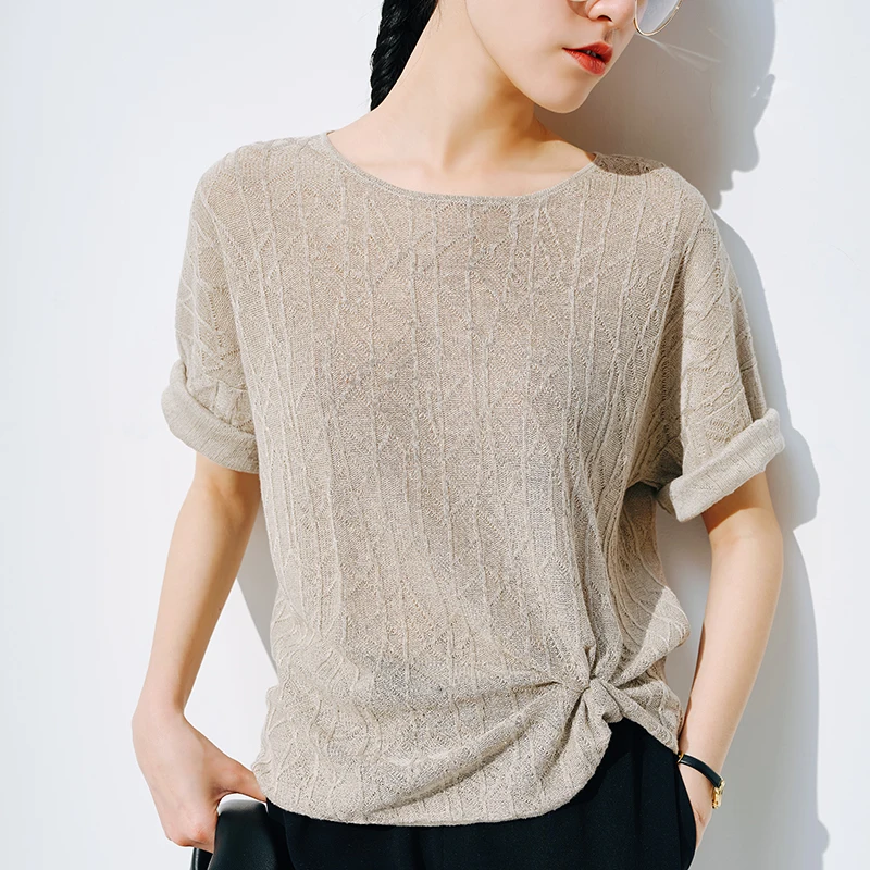 European station summer ice silk pleated short sleeve T-shirt women\'s round collar loose versatile solid color knit top