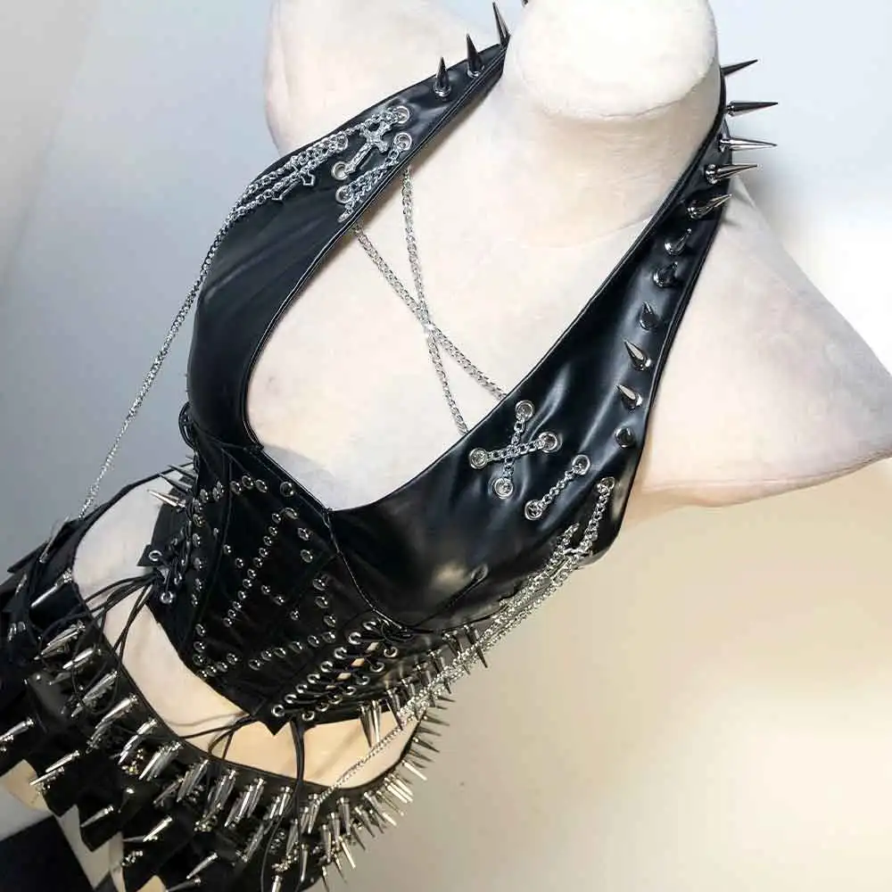 Goth Tops Rave Y2K T-shirt Emo Clothing Grunge Punk Rock Clothes Gothic Tank Women's Festival PU leather Black Spike Studded