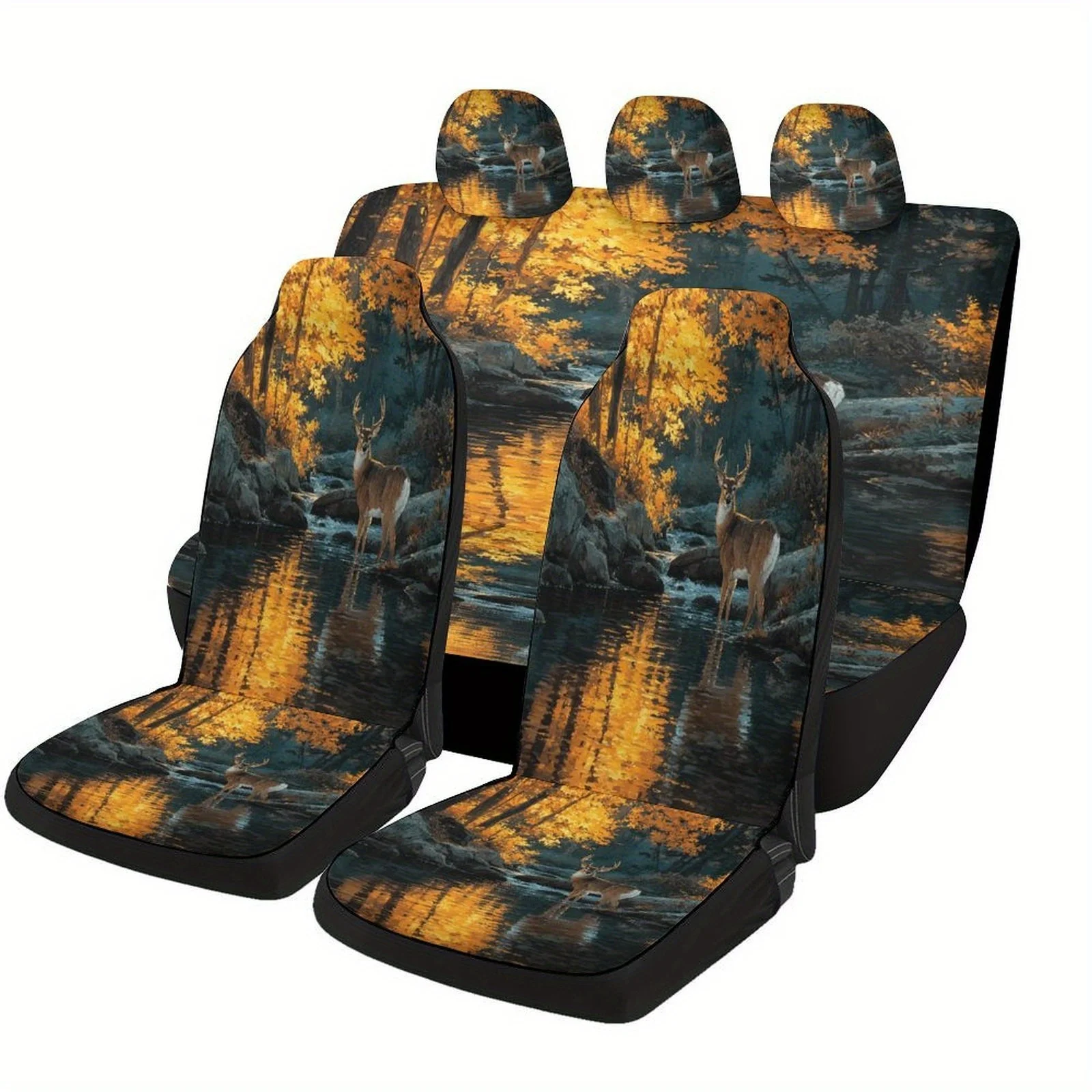 Autumn Stream Deer Designed Universal Car Seat Cover Set Suitable For Most Vehicles, Stylish Premium Quality Full Set Of Car Sea